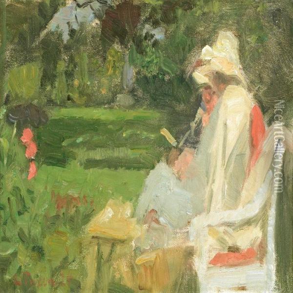 Two English Women Indagminnes Garden Oil Painting - Laurits Regner Tuxen