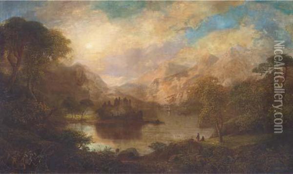 Figures On The Bank Of A Loch, With A Ruined Castle Beyond. Oil Painting - George F. Buchanan