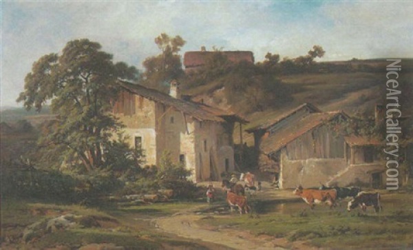 Altes Bauerngehoft In Savoyen Oil Painting - Alexandre Dubuisson