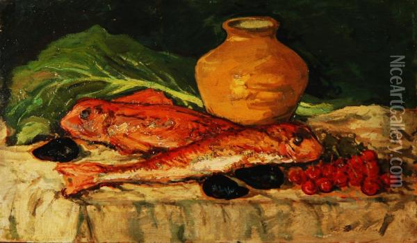 Triglie E Ciliegie Oil Painting - Giovanni Bartolena