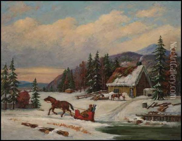 Horse And Sleigh In Winter Oil Painting - Cornelius Krieghoff