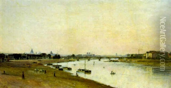Le Pont National Vu Du Quai D'ivry Avec Paris Au Loin Oil Painting - Stanislas Lepine