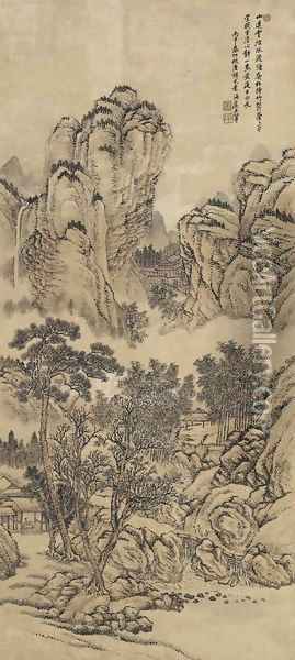Landscape After Tang Yin Oil Painting - Hui Wang