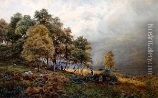 Wooded Lake Landscape With Figures By Thelakeside Oil Painting - James Whaite