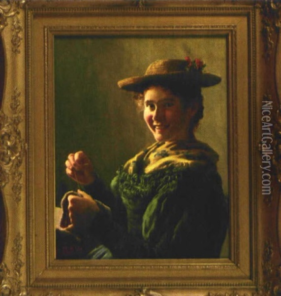 Lachelnde Junge Frau In Bayrischer Tracht Beim Nahen Oil Painting - Emil Rau