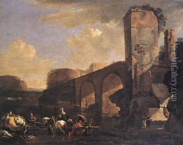 Italianate Landscape with a River and an Arched Bridge c. 1648 Oil Painting - Jan Asselyn