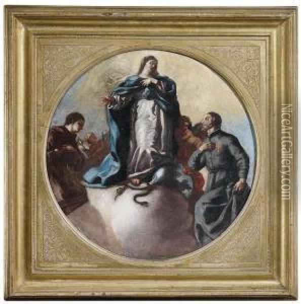 Immaculate Conception With Saint Anthony Of Padua And Saintcamillo Of Lellis. Oil Painting - Leonardo Antonio Olivieri