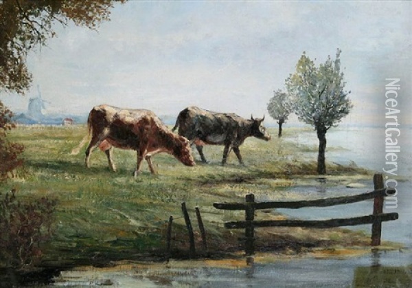 Cows And The Edge Of The Water With Windmill In The Distance Oil Painting - Willem Maris