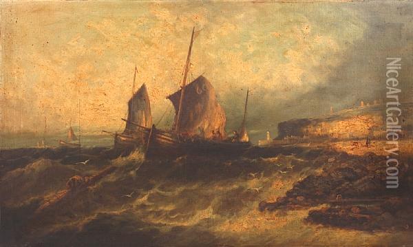 Fishing Vessels In Rough Waters Off Thecoast Oil Painting - William Harry Williamson