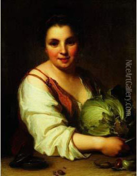 Portrait De Jeune Fille Tenant Un Chou Oil Painting - Jean-Baptiste Santerre
