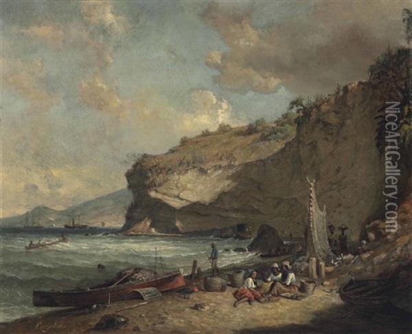 The Coast At Le Carbet, Martinique, With The Trou Caraibe, Looking Towards St. Pierre Oil Painting - Michel Jean Cazabon