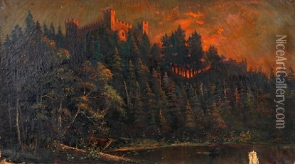 Sunset Landscape With Deer And Castle In Distance Oil Painting - William (Will.) Anderson