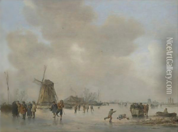 Winter Landscape With Skaters And Golfers On A Frozen River Near A Windmill Oil Painting - Jan van Goyen