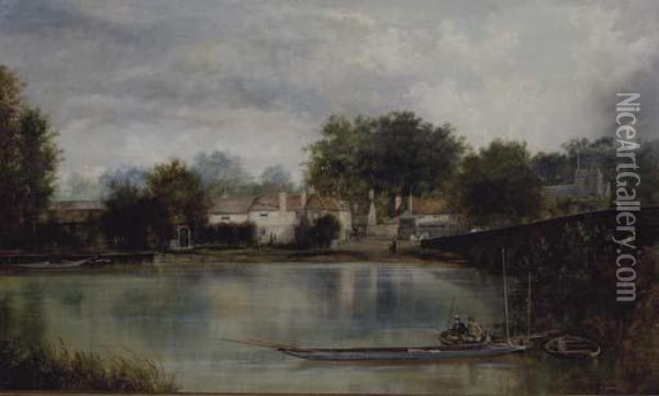 Figures Fishing On A Boat In Front Of A Town Landscape Oil Painting - William Howard Hart