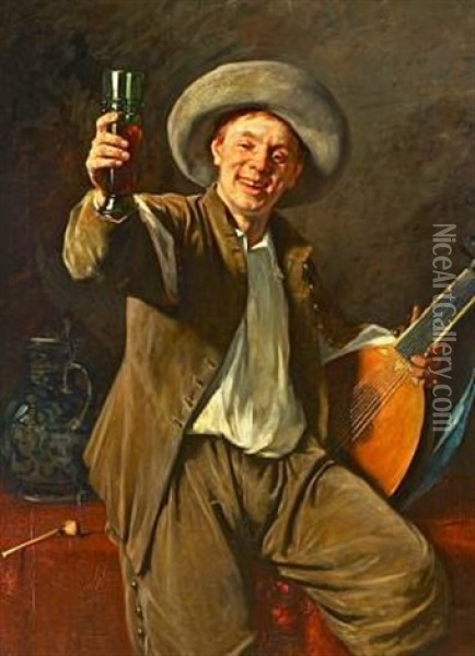 Cheers!- A Cheerful Musician With A Guitar Oil Painting - Gustaf-Oskar Bjoerk