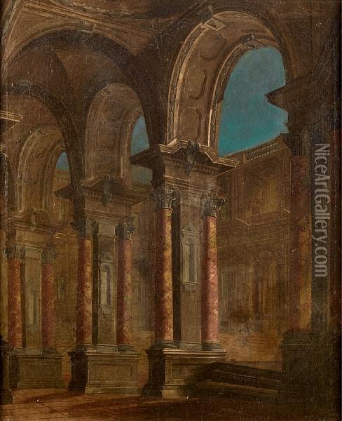 Capriccio
Of A Colonnade Looking Onto A Palace Courtyard Oil Painting - Vittorio Maria Bigari