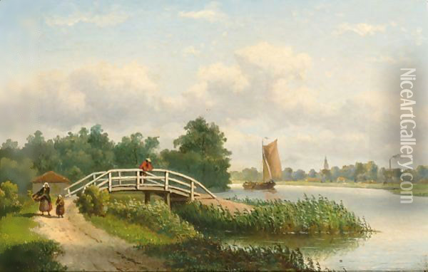A Summer Landscape With Figures Along The River Oil Painting - Johannes Hilverdink