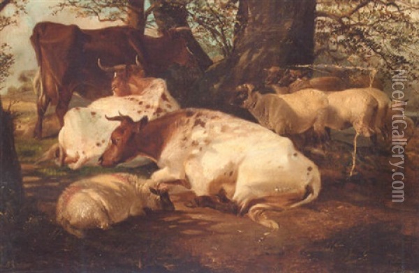 Sheep And Cattle Resting In The Shade Oil Painting - Frederick E. Valter