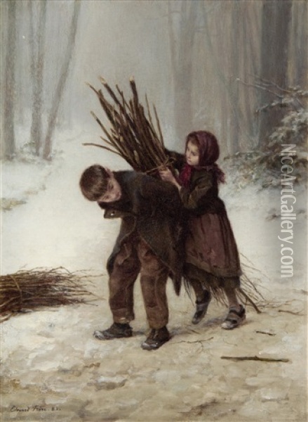 The Young Faggot Gatherers Oil Painting - Charles Edouard Frere