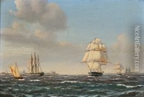 Sailing Ships Out Shore Kronborg Castle Oil Painting - Carl Ludwig Bille