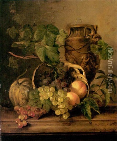 A Still Life With Peaches And Grapes In A Basket With An Urn Beyond Oil Painting - Georgius Jacobus Johannes van Os