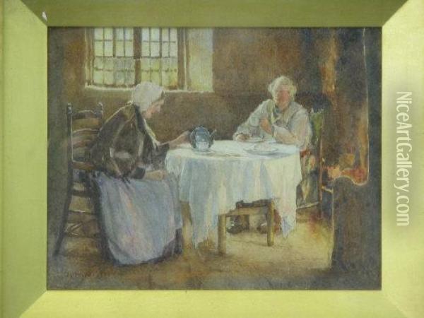 Firelight, 
A Quiet Cup Of Tea Oil Painting - James W. Milliken