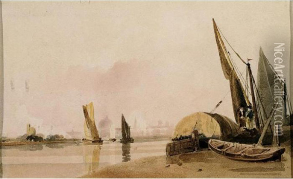 Boats On The Thames Oil Painting - Peter de Wint