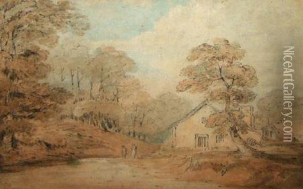 River Landscapewith Figures By A Cottage Oil Painting - William Henry Kearney