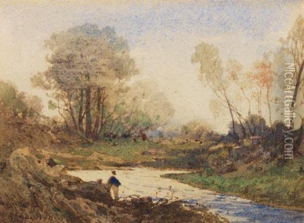 Angler Am Flusslauf Oil Painting - Henri-Joseph Harpignies