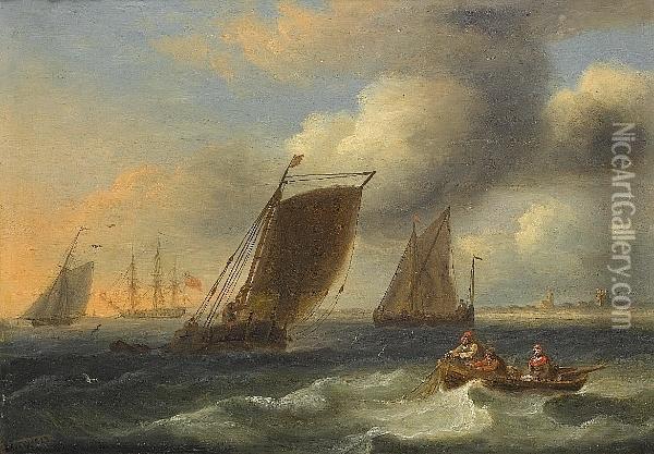 Small Coastal Traders Off Orford, Suffolk, With A Man-o'war Anchored Off The Spit Oil Painting - Thomas Luny