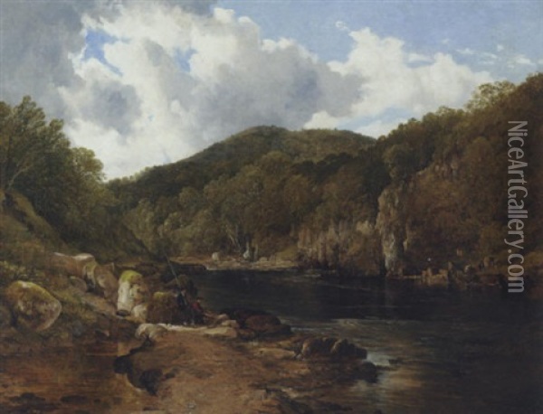 A Scottish Wooded River Landscape With Anglers On The Rocks Oil Painting - Frederick Richard Lee