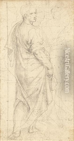 A Draped Standing Male Figure With Another Sketched Figure And Two Other Profiles Oil Painting - Giovanni Antonio Sogliani