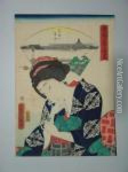 Une Jeune Femme En Buste Tient Un Fruit Oil Painting - Utagawa or Ando Hiroshige