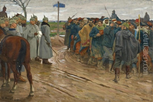 Vorbeimarsch Gefangener Soldaten An Wilhelm Ii. Und General Von Lochow Oil Painting - Arthur Kampf