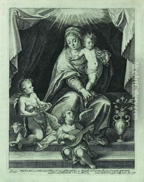 La Vierge Et L'enfant Jesus Avec Saint-jean D'apres J. Rottenhamer. 24 X 18,5. Et Autres Scenes De Nativites Ou De La Passion Du Christ Par Ou D'apres Les Sadeler, J. Stradam. In 4Â°. Burin Oil Painting - Crispijn van de Passe