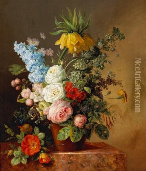 A Still Life Of Roses, A Hyacinth, A Fritillaria And Other Flowers In A Terra Cotta Pot Oil Painting - Willem Hekking