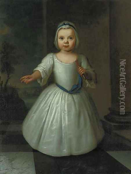 Portrait of Miss D'Aranda as a child, full-length, in a white dress with a blue sash and white bonnet, holding a coral tipped toy in her left hand Oil Painting - Joseph Highmore