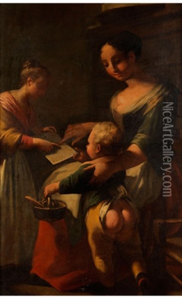 Leseunterricht In Der Familie Oil Painting - Pasquale de' Rossi