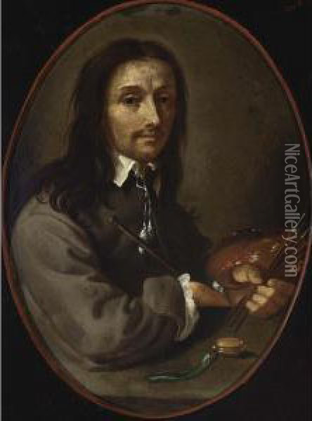 A Portrait Of A Painter, Seated 
Half Length Near A Stone Table, Holding Brushes And A Palette, With A 
Watch In Front Oil Painting - Gonzales Cocques