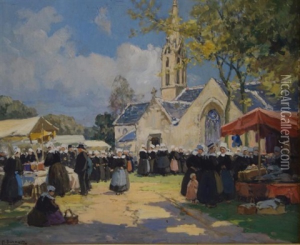 Marche Devant L'eglise Bretonne. Oil Painting - Henri Alphonse Barnoin
