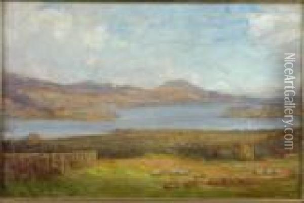 Sheep Grazing Before A Loch Oil Painting - Alexander Brownlie Docharty