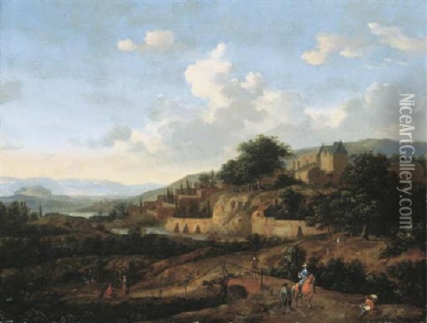 An Extensive Landscape With A Walled Town, A Hawking Party In The Foreground Oil Painting - Jan Van Der Heyden