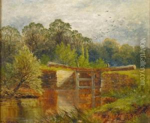 W R Whitby, 1877. River Landcape With A Lock Oil Painting - W.R. Whitby