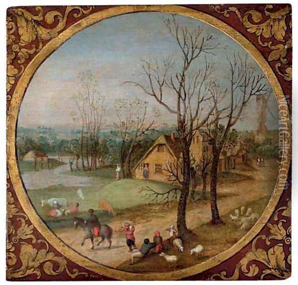 Autumn A village scene with peasants and livestock by a road, cottages and a windmill beyond, in a feigned roundel Oil Painting - Abel Grimmer