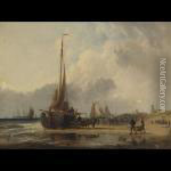Unloading The Catch At Scheveningen Beach Oil Painting - Edward William Cooke