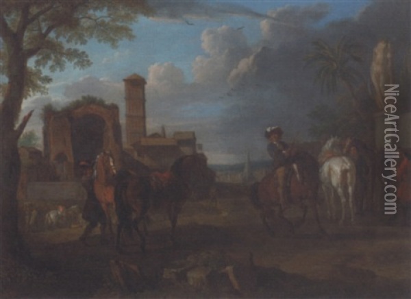 An Italianate Town With Roman Ruins And Horsemen In The Foreground Oil Painting - Johannes Lingelbach