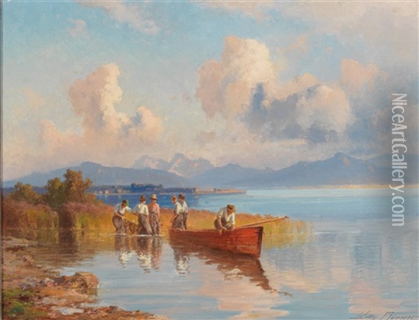 Fisherman On Lake Chiemsee Oil Painting - Willy Moralt