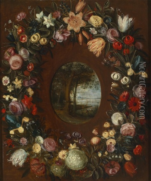 Blumenkranz Um Ein Medaillon Mit Einer Flusslandschaft Oil Painting - Jan Brueghel the Elder