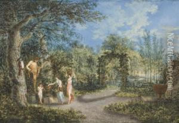 Vue D'un Parc, Avec Deux Femmes Et Un Enfant Devant Une Statue Oil Painting - Salomon Gessner