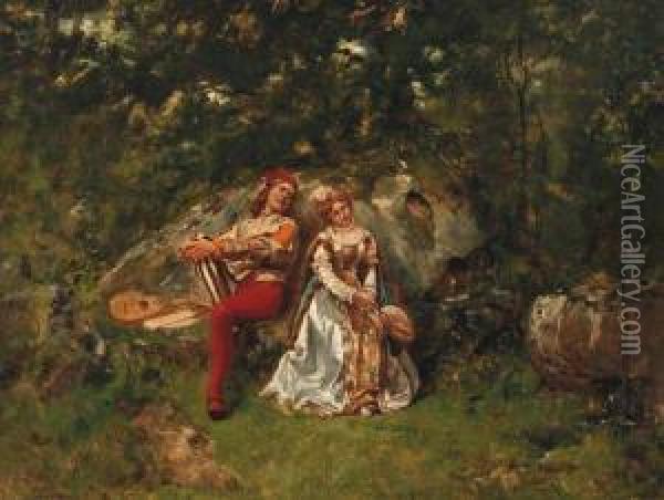 A Jester Courting A Lady In A Forest Oil Painting - Auguste Serrure